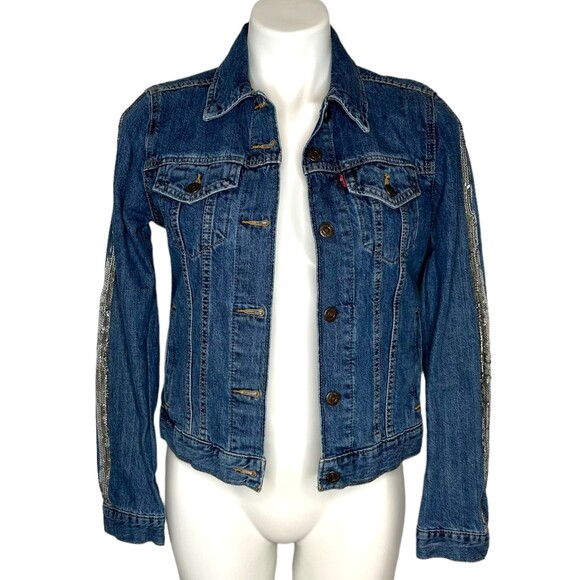 Levi's Original Trucker Silver Sequin Lola Blue Denim Jacket Size Medium - Picture 5 of 8